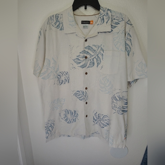 Quiksilver Hawaiian Shirt Mens Large White Button Up Leaf Print Silk Vintage - Picture 1 of 12